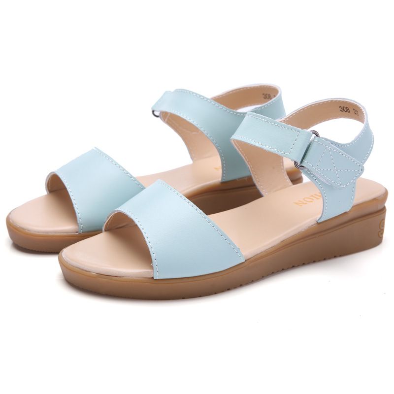 Summer Cowhide Wedge Women's Korean Fashion Velcro Beach Sandals, One-piece Mid Heeled Mom Sandals_voghion.com