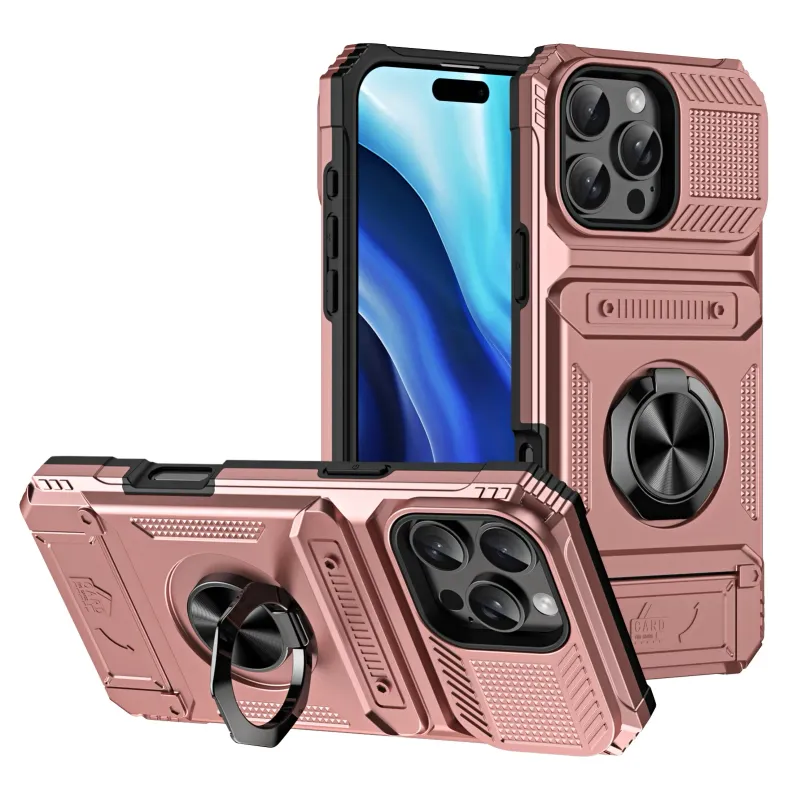 Hülle für iPhone 16 15 Pro Max 14 Kartenhalter Magnetischer gedrehter Ring Kickstand Layer Schwere stoßfeste Brieftaschenabdeckungen_voghion.com
