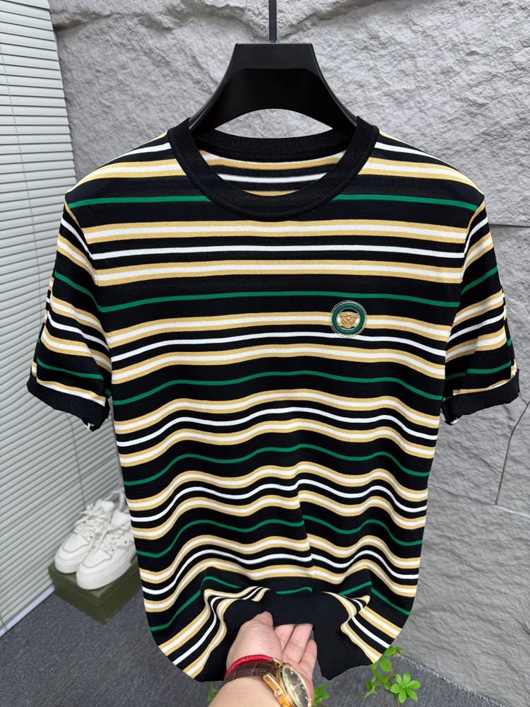 Maglietta a maniche corte estiva da uomo, tendenza giovanile, a righe, in seta ghiacciata, a mezza manica, scollo rotondo, polo sottile._voghion.com