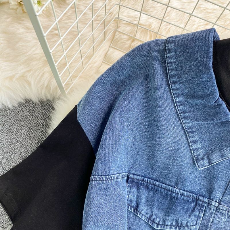Abito da donna in denim patchwork, manica corta, snellente, di media lunghezza, irregolare, con gonna a T_voghion.com