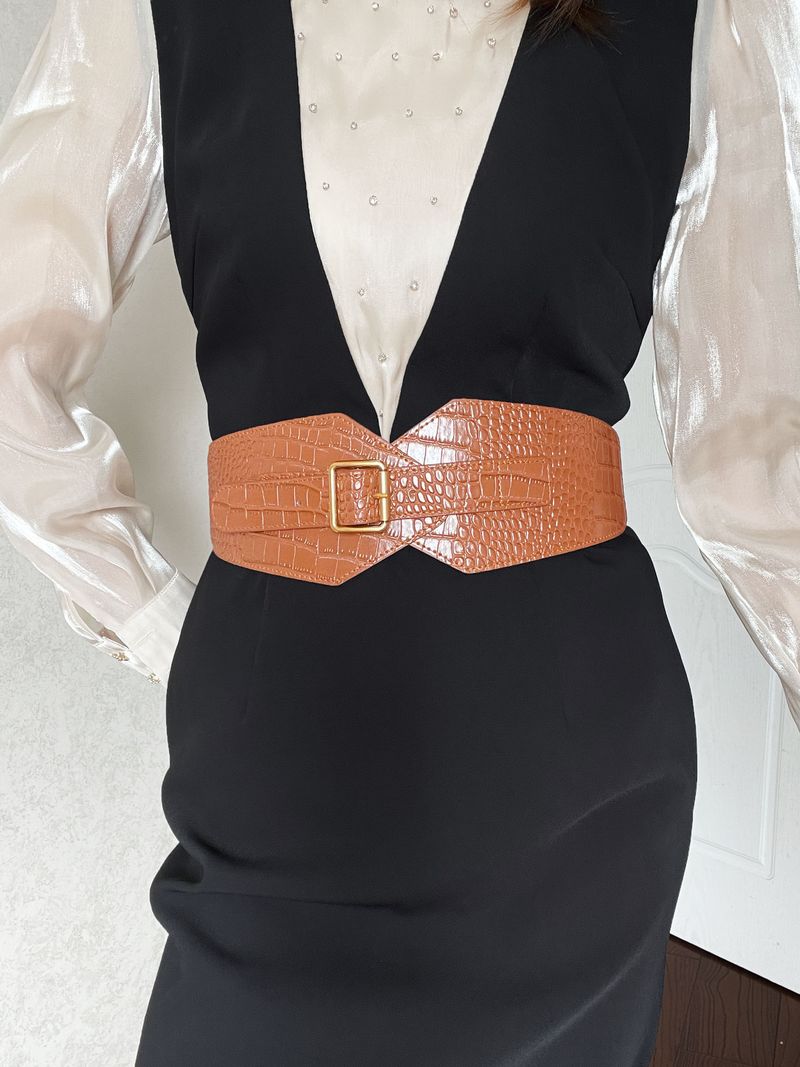 Autumn Winter Women Crocodile Pattern Pin Buckle Wide Versatile Suit Coat Waist Slimming Elastic Belt_voghion.com