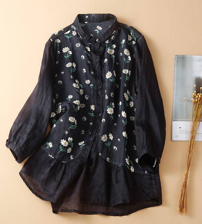 Camicia da donna con cuciture, manica a tre quarti in cotone e lino, sezione sottile, nuovo stile estivo 2022_voghion.com
