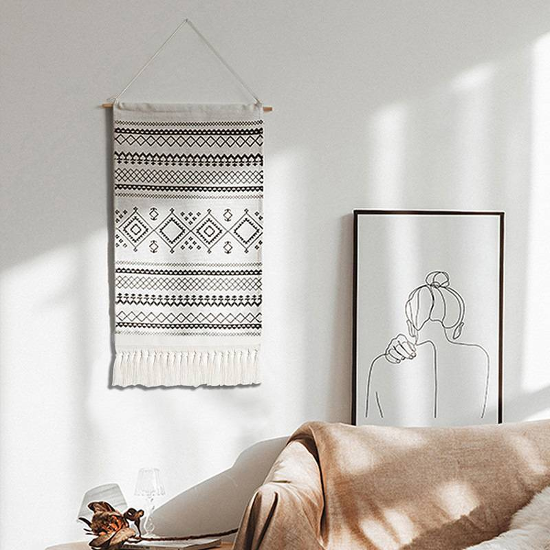 Handgeweven kwastjestapijt in Boheemse stijl, decoratief hangend doek, eenvoudige studio, slaapkamer, woonkamer, achtergrondwand_voghion.com