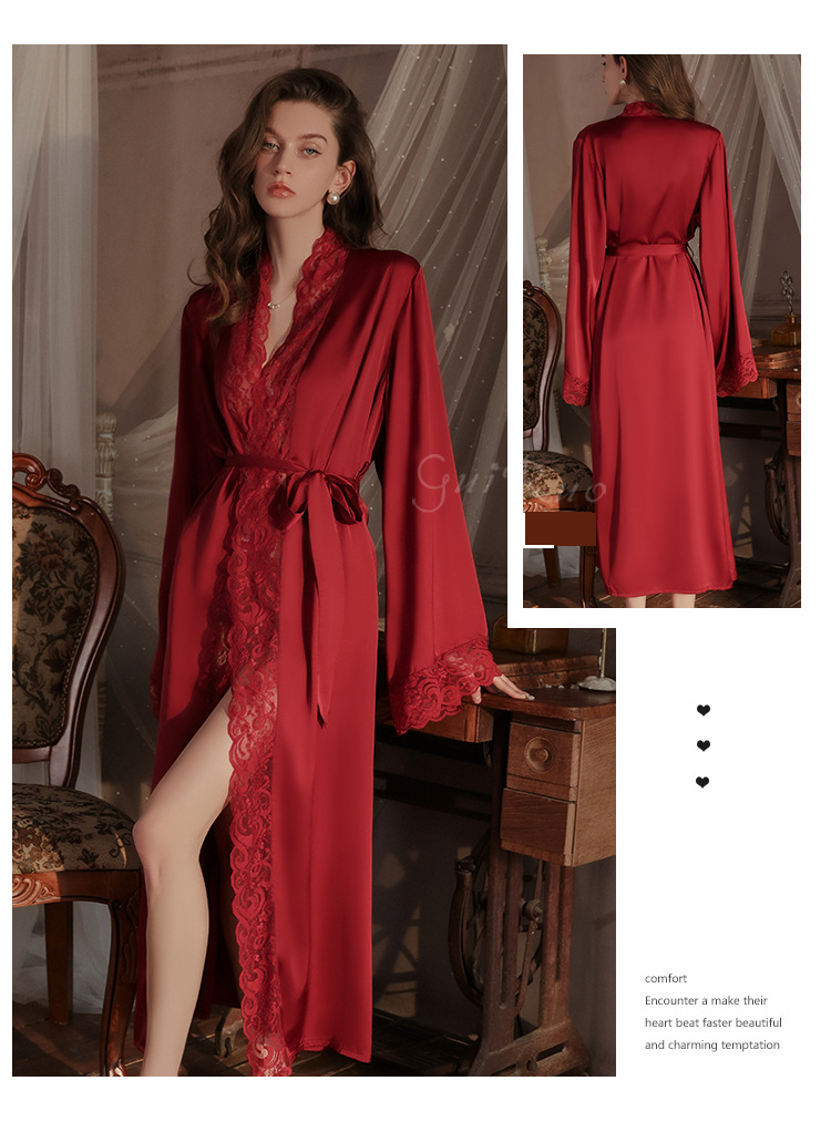 Unterwäsche & Nachtwäsche Sommer große Größe Eis Seide Pyjamas lange Spitze Spleißen Spitze äußere Robe weibliche Hauskleidung Bademantel Set 4378_voghion.com