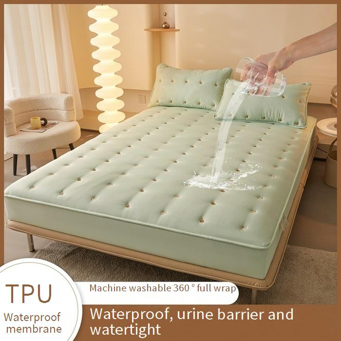 Parure de lit imperméable en coton lavé avec broderie, housse de matelas Queen et King, taies d'oreiller, hypoallergénique et respirante._voghion.com