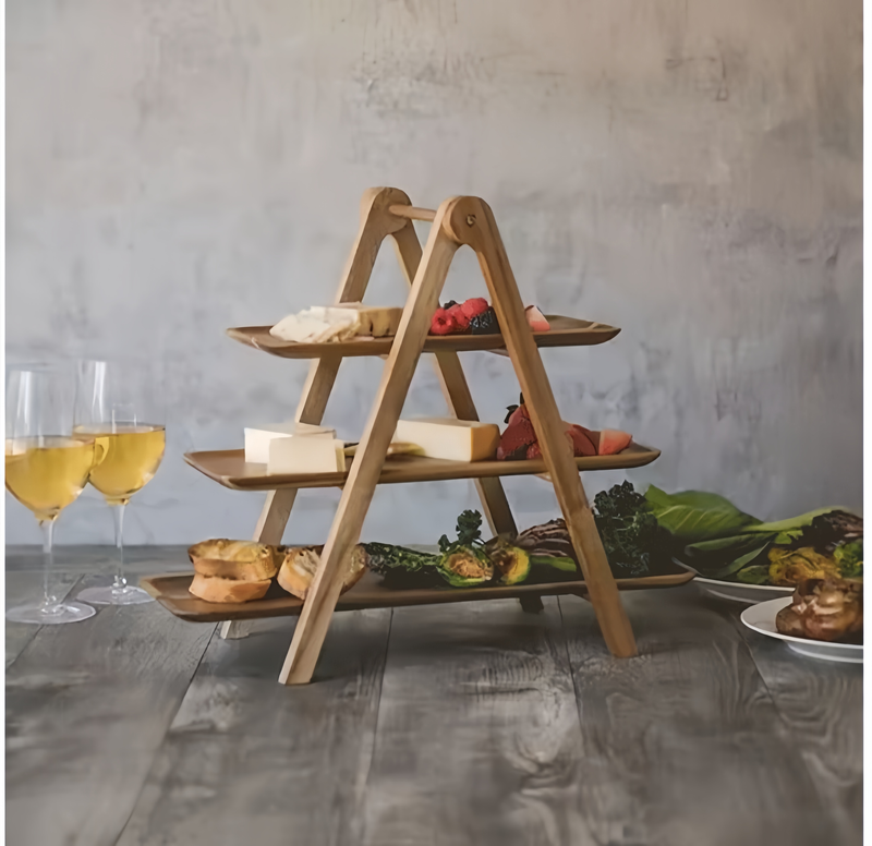 3-Tier Acacia Wood Serving Tray - Multi-Purpose Kitchen Organizer For Restaurants, Hot Pot & Home Use_voghion.com