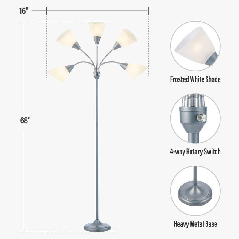 Medusa Floor Lamps Standing Lamps 5 Heads Adjustable Reading Light Large Shade Use E26 A19 Bulb Floor Lamps For Living Room Bedroom (Silver)_voghion.com