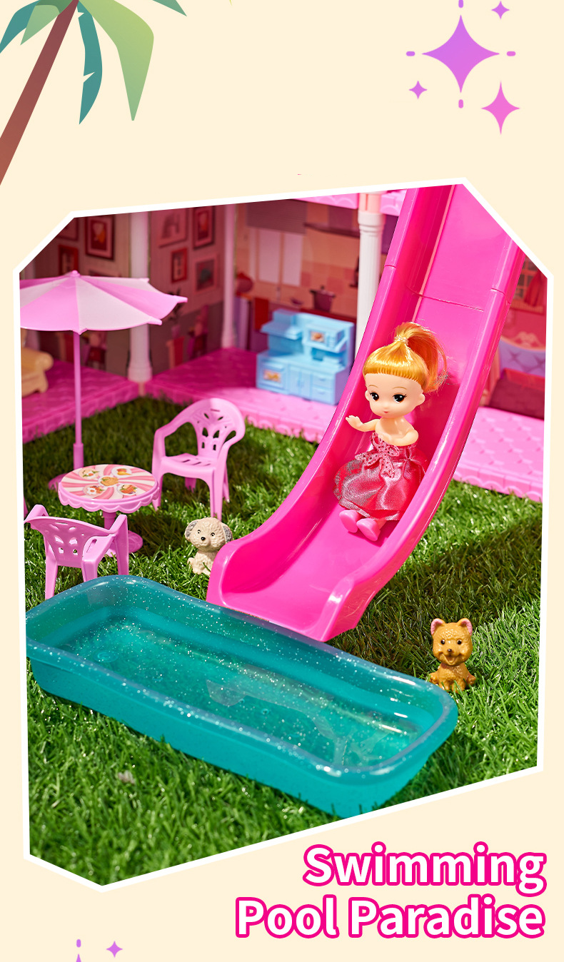 Mutter & Kinder Prinzessinnenschloss Spielhaus Spielzeug Mädchen DIY Puppenhaus Pool Balkon, Mehrzimmer Villa Spielset, Rollenspiel Geschenk für Kinder (2 Etagen, 4 Zimmer)_voghion.com