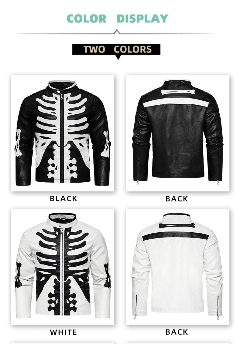 A Trendy Motorcycle Leather Jacket With A Skull Embroidery And Human Bones In Black And White Contrasting Colors Presents A Dress_voghion.com