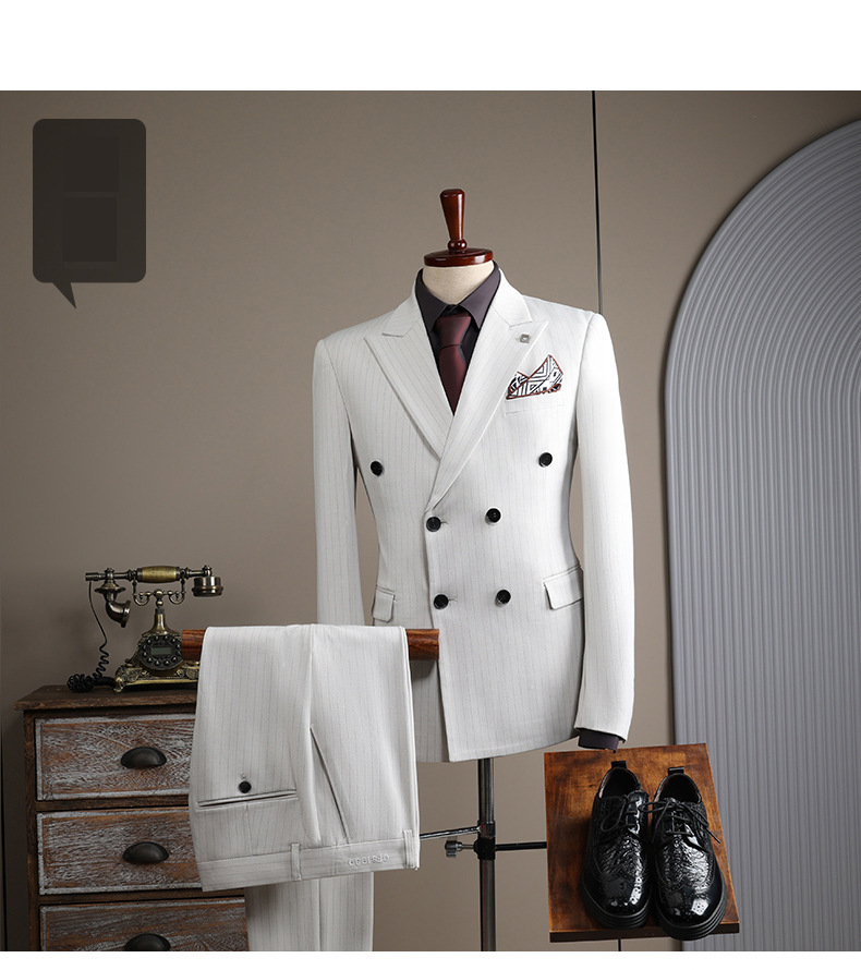 Herrenbekleidung, gestreifter Anzug, schmale Passform, zweireihig, gestreiftes Anzugset – formell und leger, Hochzeit, Business-Blazer mit Hose und Weste zur Auswahl_voghion.com
