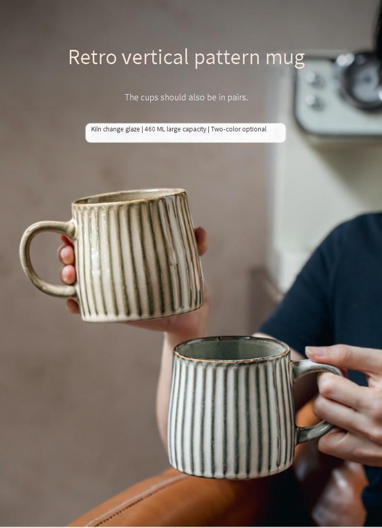 Taza artesanal con variación de esmaltado y textura en relieve - Taza de café de cerámica nórdica con tapa y cuchara, capacidad de 450 ml, diseño retro para hombre_voghion.com