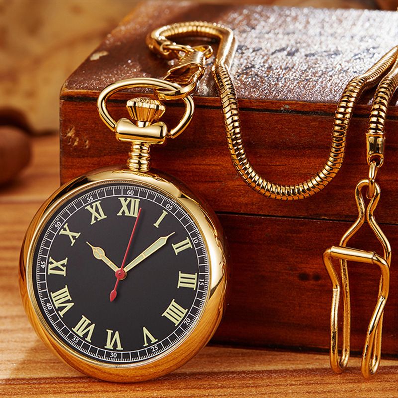 Classic Vintage Mechanical Pocket Watch With Roman Numerals, Flip Cover, And Chain - Handcrafted Copper Case, Elegant Design For Men And Women_voghion.com