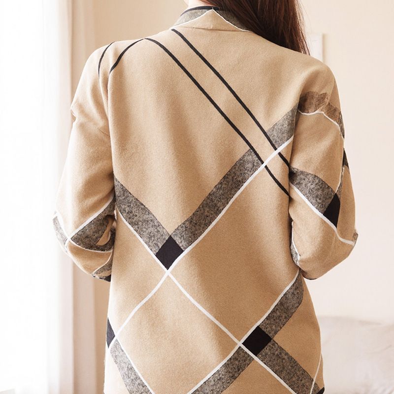 Cardigan casual da donna in maglia a quadri - Cappotto oversize in tweed spesso con apertura frontale per la primavera e l'autunno_voghion.com