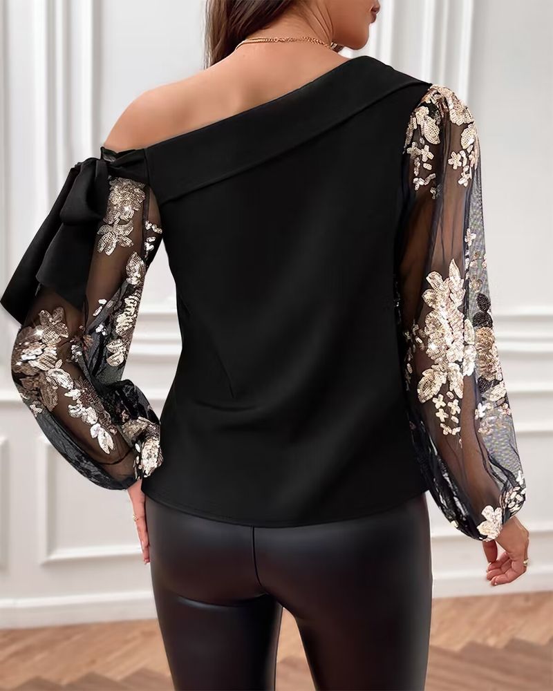 "Top da donna in rete con spalle scoperte e paillettes – Blusa glamour da festa con nodo cucito"_voghion.com