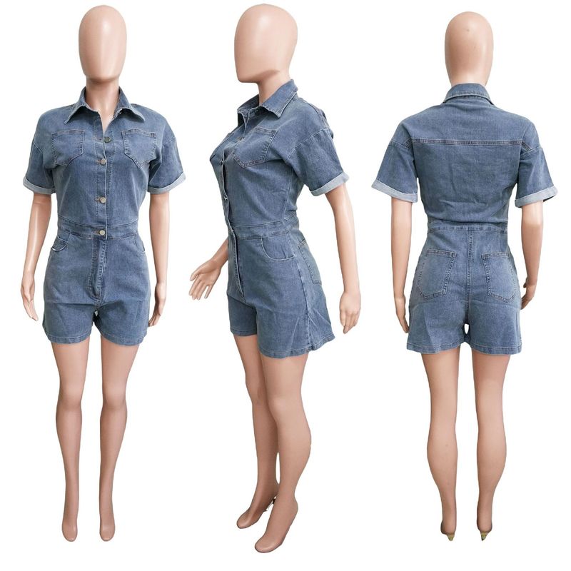 Salopetă din denim spălat, cu mânecă scurtă și elastică, lejeră, pentru femei_voghion.com