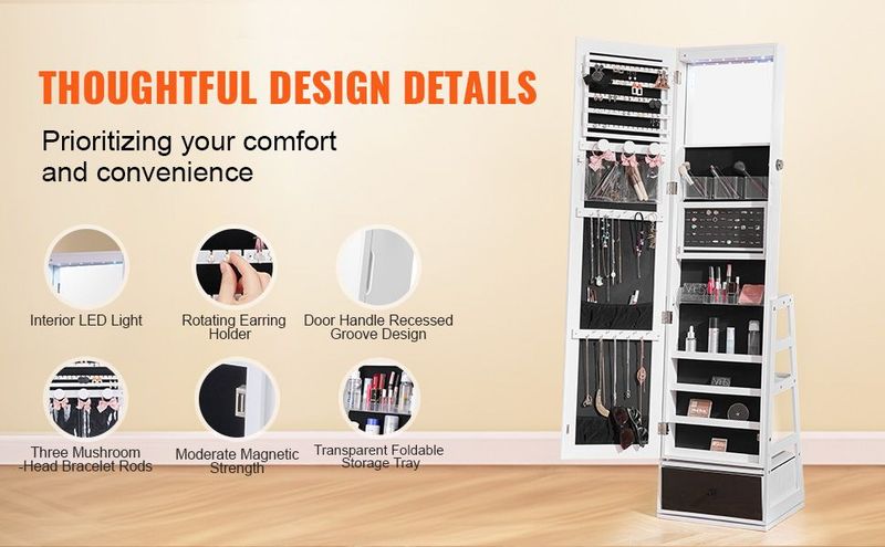 VEVOR Mirror Jewelry Cabinet 360° Swivel Standing Mirror With Storage White_voghion.com