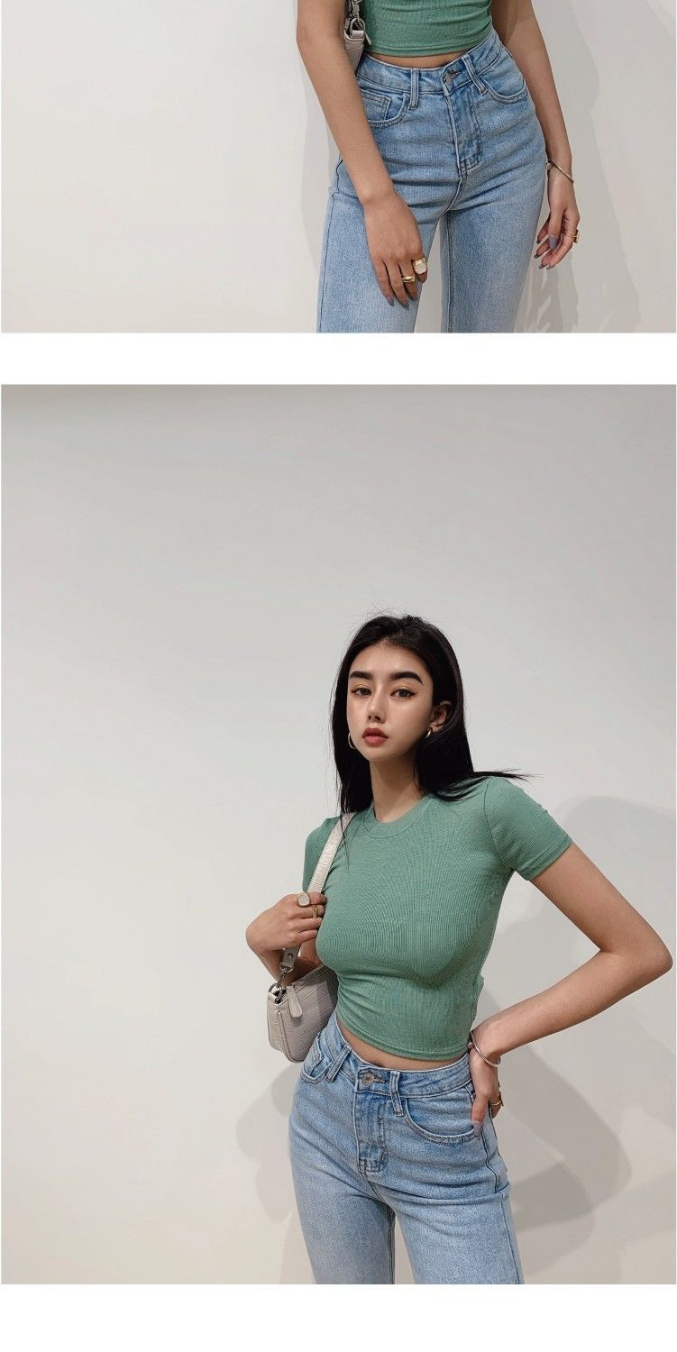 Maglietta corta da donna a maniche corte, stile basic, piccola, girocollo, tinta unita, fondo camicia, sottile, elastica_voghion.com