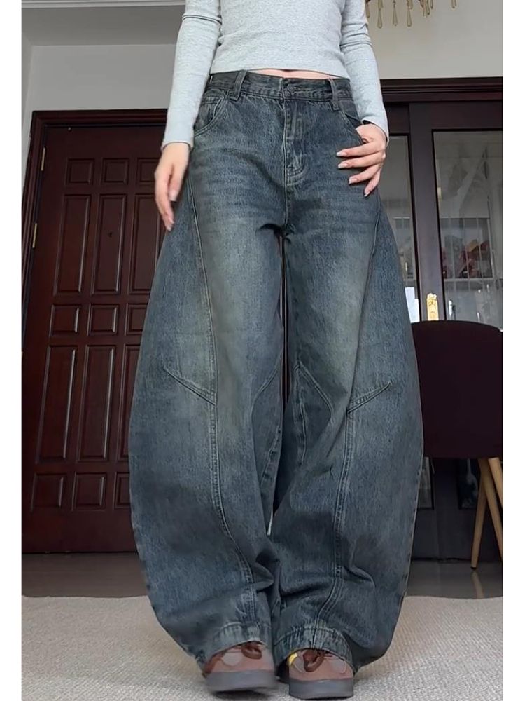 Plus Size American Style Trendy Wahed Decontructed Wide-Leg Jean Uniex High Street Vibe Looe Slimming Scimitar_voghion.com
