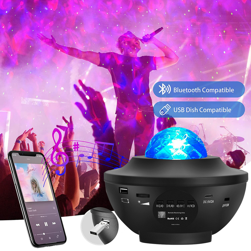 Projected Starry Sky Big Bowl USB Bluetooth Music Rotating Ripple Full Starry Sky Laser Stage Light Bedroom Atmosphere Night Light_voghion.com