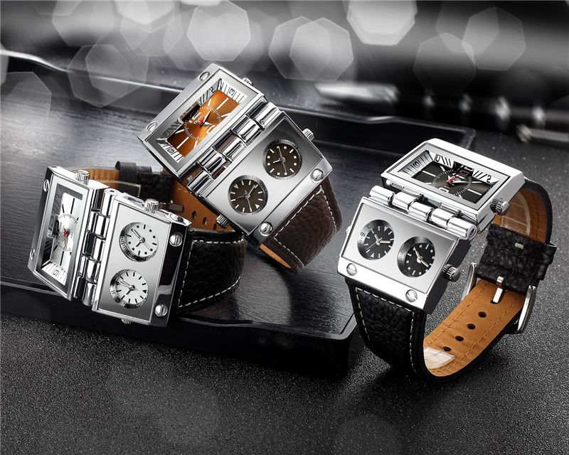 OULM 9525 Große Herrenuhr mit einzigartigem Design, drei Zeitzonen, einzigartige Militäruhren für Herren, Punk-Stil, Lederarmband_voghion.com