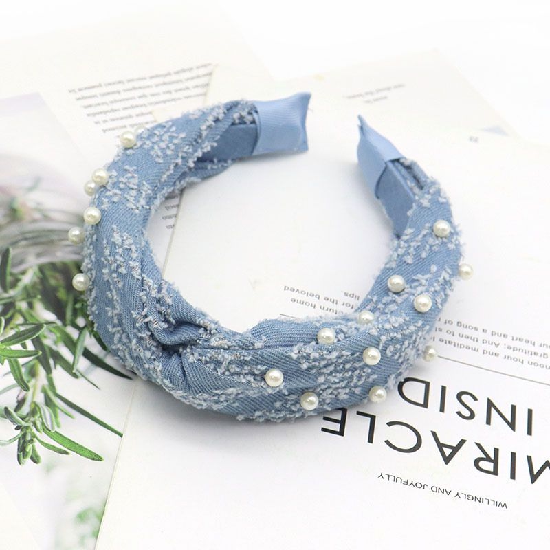 Fascia per capelli in denim blu con nodo largo e perle, alta corona, moda, in saldo, accessori per capelli da esterno_voghion.com