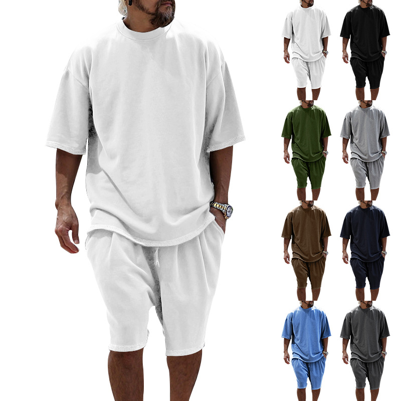 2024 grand ensemble décontracté ample manches courtes T printemps/été shorts couleur unie vêtements pour hommes_voghion.com
