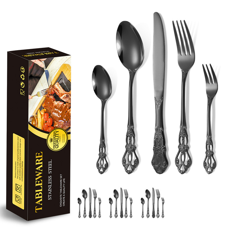 Royal Edelstahl-Set aus Messer, Gabel und Löffel, grenzüberschreitendes 20-teiliges Set für 4 Personen, Retro-Steakmesser mit Hohlrelief, europäischer Stil_voghion.com