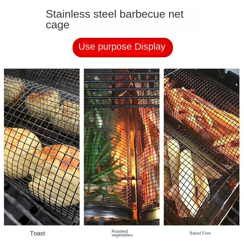 Cestino per barbecue portatile - Gabbia per barbecue rotonda per affumicare all'aperto, rete per barbecue a tamburo rotante, perfetta per cucinare e grigliare all'aperto_voghion.com