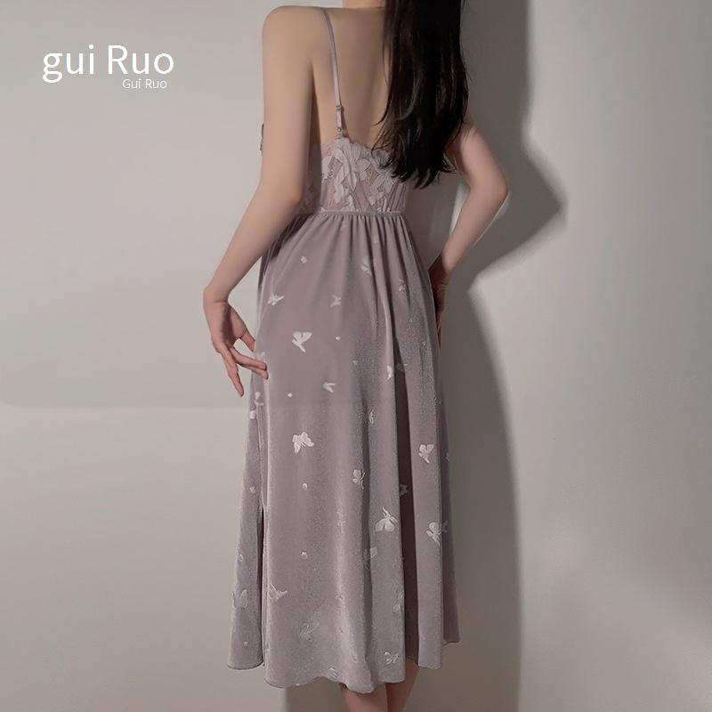 Lingerie sexy da donna, pigiama in velluto con spacchi laterali lunghi e imbottitura sul petto, vestaglia esterna aperta da notte, completo da donna_voghion.com