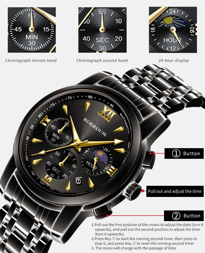 ROERDUM Cool Play Series - Quartz Movement,Stainless Steel Bracelet,Black Dial,Casual & Stylish Men's Watch_voghion.com