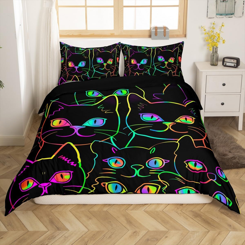 Funda nórdica de gato de dibujos animados para cuna para niños, niñas, adorable funda de edredón de gatito, juego de cama de animales de neón, juego de cama de gato negro de Halloween con_voghion.com