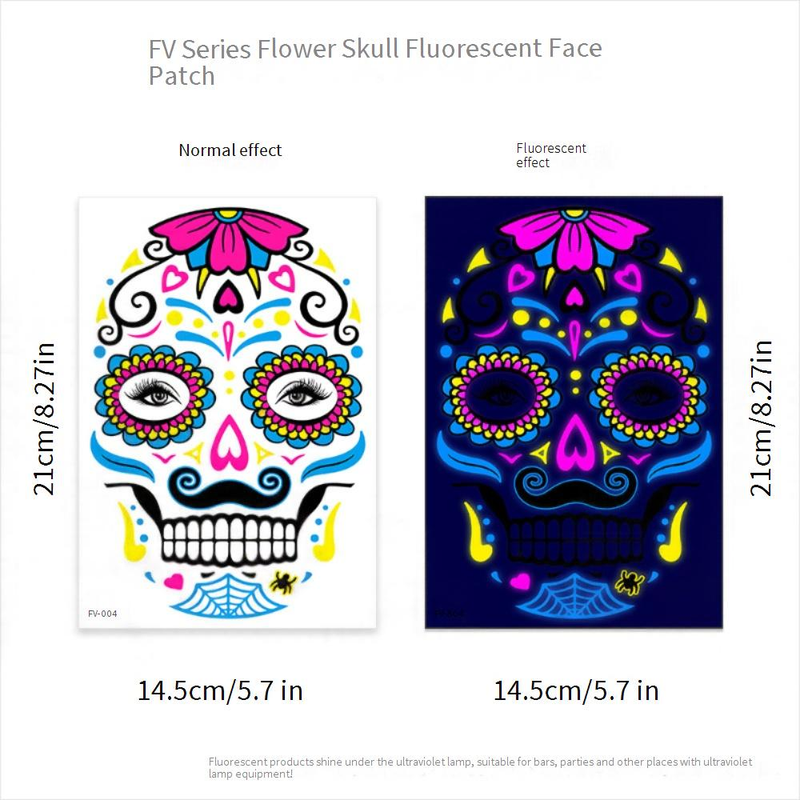Halloween Temporary Tattoos Stickers - Glow In The Dark Day Of The Dead Face & Body Art For Party, Scary Makeup, Costume Accessories (8-Piece Set)_voghion.com