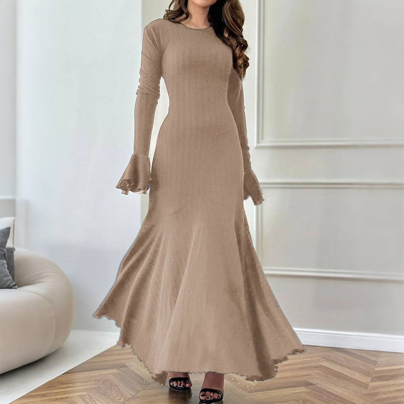 Elegante abito aderente in maglia a coste – Abito midi da donna a maniche lunghe con polsini svasati (S-XL, beige, misto poliestere-spandex)_voghion.com
