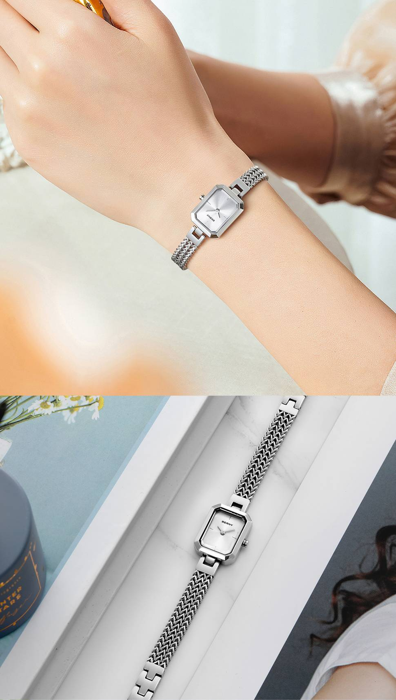 BERNY Small Gold Watches For Women Dainty Luxury Ladies Analog Quartz Bracelet Watch Rectangular Case Stainless Steel Waterproof Minimalist Wristwatch_voghion.com