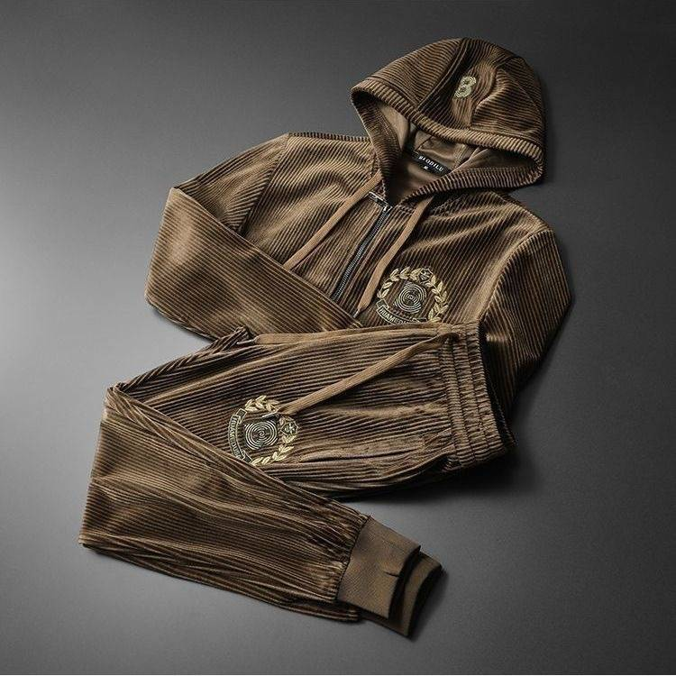 Men’s Premium Velvet-Track Suit – Gold Embroidered Jogger Set (Black/Brown, M-5XL) | Relaxed Fit Two-Piece For Lounge & Streetwear_voghion.com