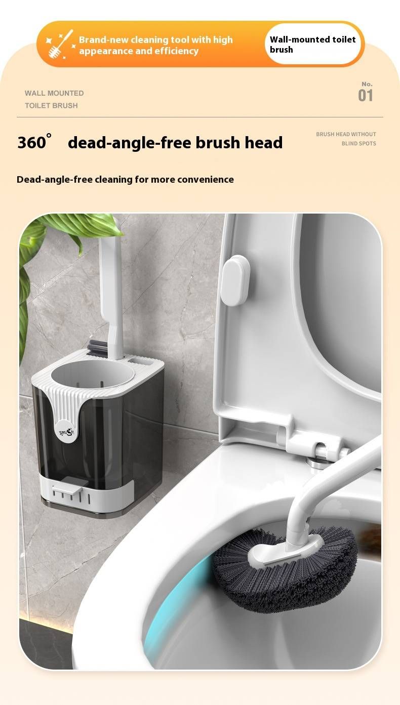 Wall-Mounted Toilet Brush Set – 360° Bendable Bristles, Space-Saving Holder, Long Handle For Deep Cleaning (Black/White, Plastic, 1-Piece)_voghion.com