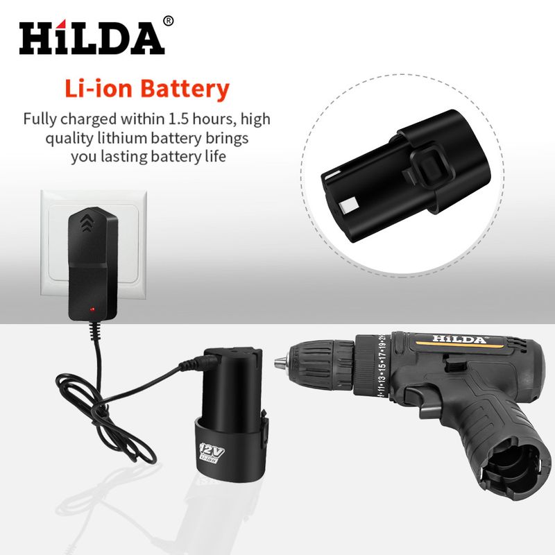 Perceuse électrique sans fil HILDA 12 V avec batterie au lithium, 1 400 tr/min, mandrin de 10 mm, 2 vitesses réglables pour le perçage du bois et du métal._voghion.com