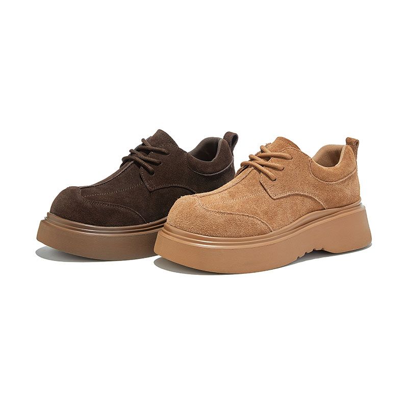 Autumn And Winter New Thick Soled Retro Casual Shoes For Women, Brown Suede Lace Up Shoes, Simple Texture Stitching Pattern Decoration_voghion.com
