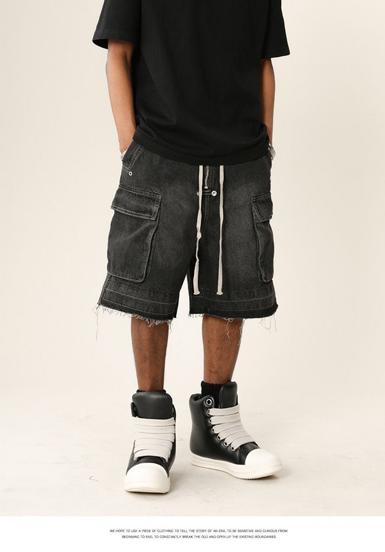 Herreklær High Street Vibe Vasket, slitt denimshorts med rå kanter Trendy merkevare Løse shorts med flere lommer_voghion.com