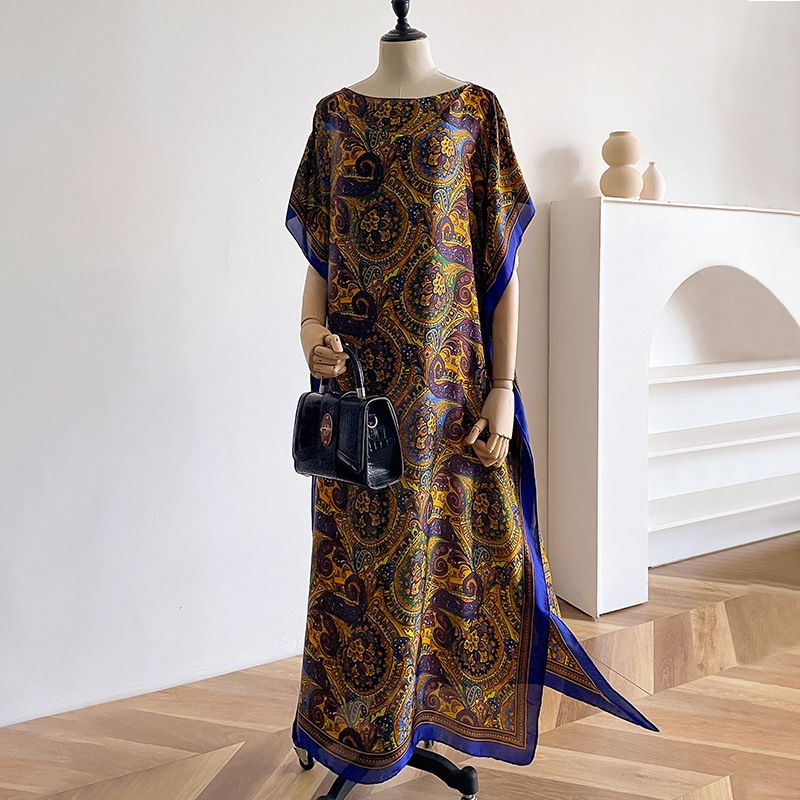 Sommer neues lockeres langes Kleid, schlicht und lang, Brokat, Sonnenschutztemperament, Seidenschal, Strandurlaubsstil, Reisen_voghion.com