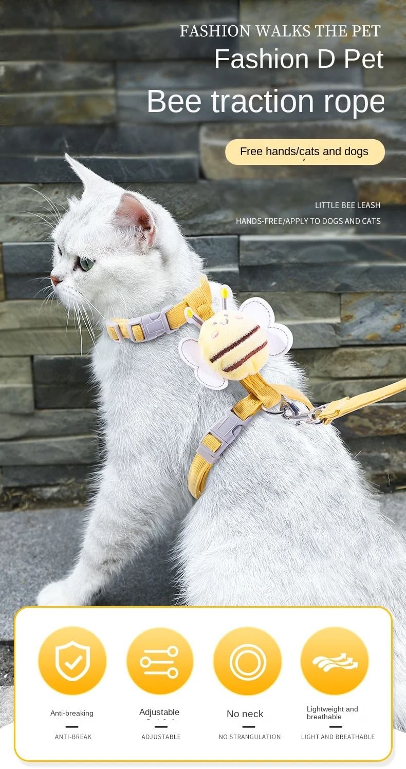 Cat Harness Leash Collar Set Adjustable Cartoon Bee Double Layer Dog Harness For Small Medium Pet Collar Leash Outdoor Walking_voghion.com