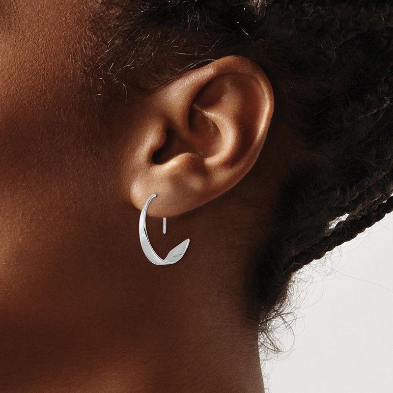 Sterling Silver Rhodium-plated Polished Flat Bar Hoop Threader Earrings_voghion.com
