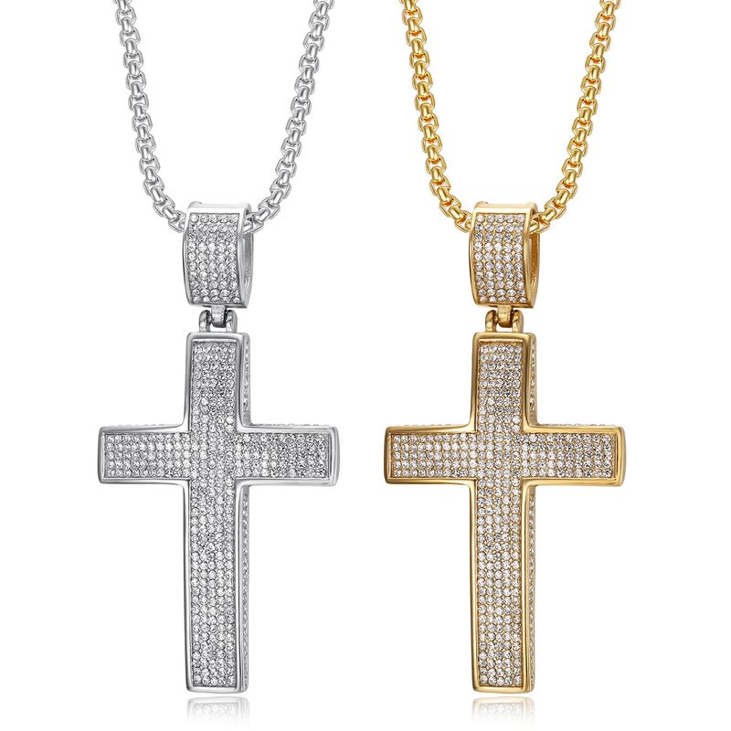 Hip Hop Cross Pendant Necklace -Plated Titanium Steel, Prong-Set Cubic Zirconia_voghion.com