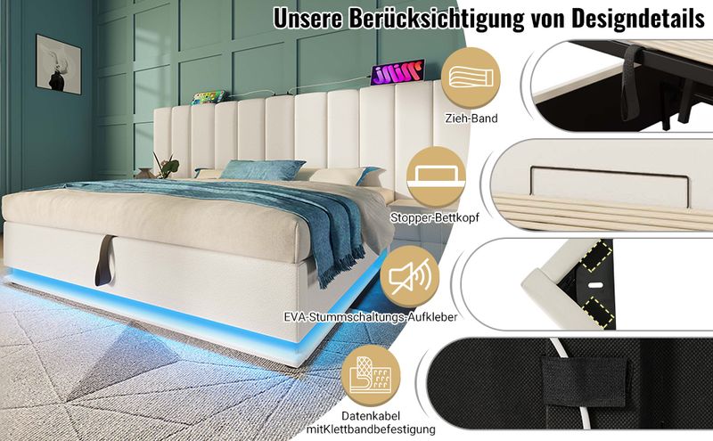 Lit double 160 x 200 cm avec rangement intégré, éclairage LED et recharge USB-C via application, sommier à lattes et matelas inclus, similicuir, blanc_voghion.com