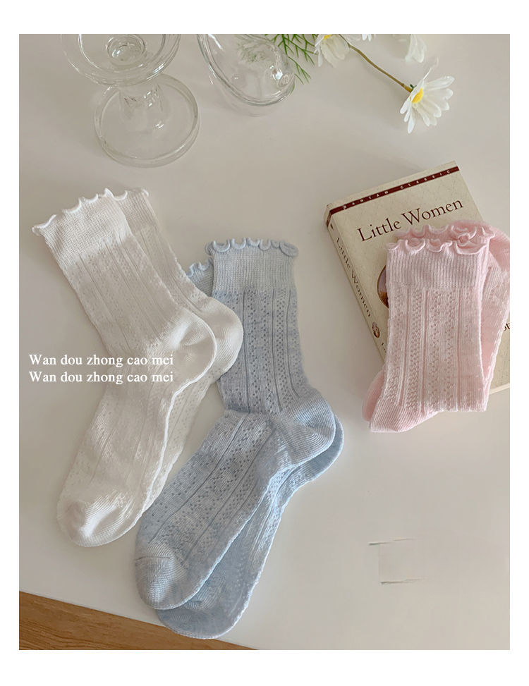 Socks, children's mid length socks, summer thin cut hollow, skin friendly, sweet and cute, solid color mesh pile socks_voghion.com
