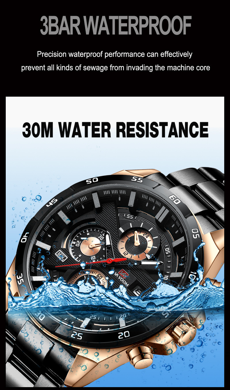 Men's Ryan Waterproof Stainless Steel Chain Quartz Watch Fashion Student Sports Business Casual Steel Band Watch_voghion.com