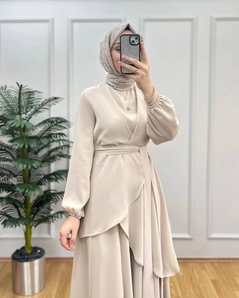 2024 Spring New Women's Clothing Muslim Style Solid Color Fashion Strap Wide Leg Pants Set_voghion.com