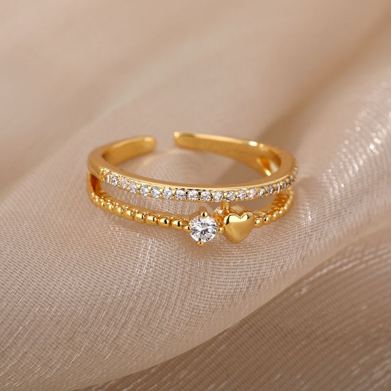 Pronto Stock Moda Zircone Cuore Anelli per le donne in acciaio inossidabile Colore oro Aperto Regolabile Doppio Anello impilabile Sposa Matrimonio_voghion.com