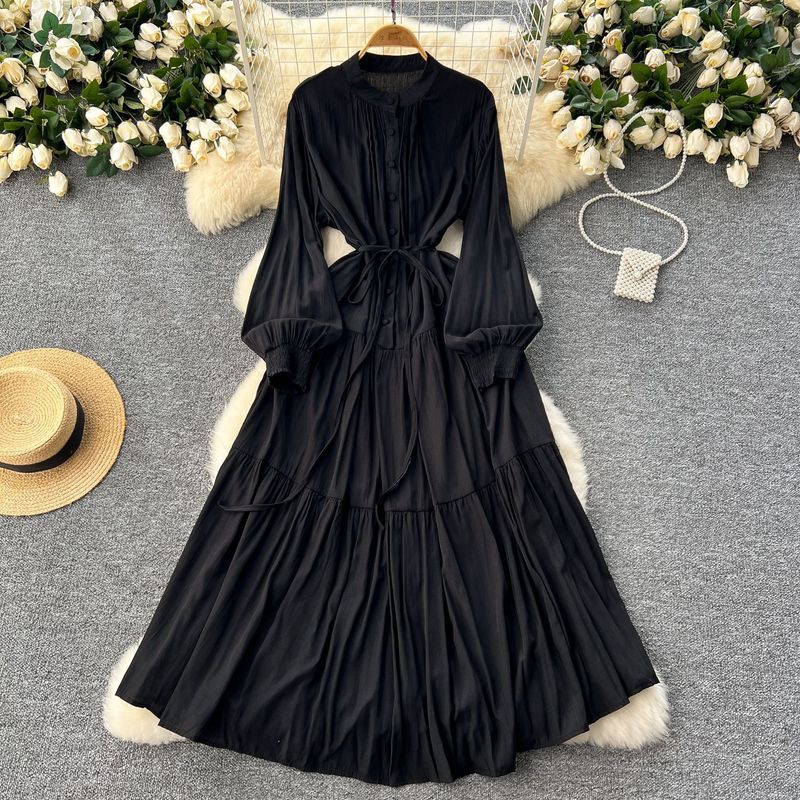 Elegant Dress Female Design Single Breasted Loose Waist Straps Slim Temperament Knee Length Skirt_voghion.com