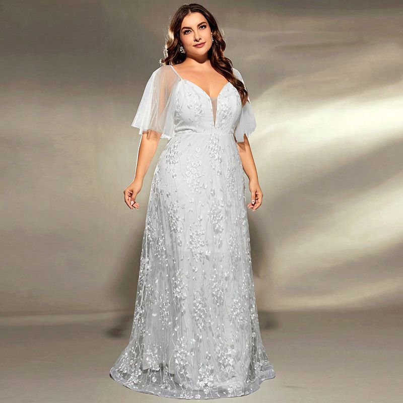 Elegantes langes Abendkleid für Damen mit Spitze und tiefem V-Ausschnitt – sexy Abendkleid für Partys, Brautjungfern, Abschlussbälle (weiß, Übergröße 0XL-4XL)_voghion.com